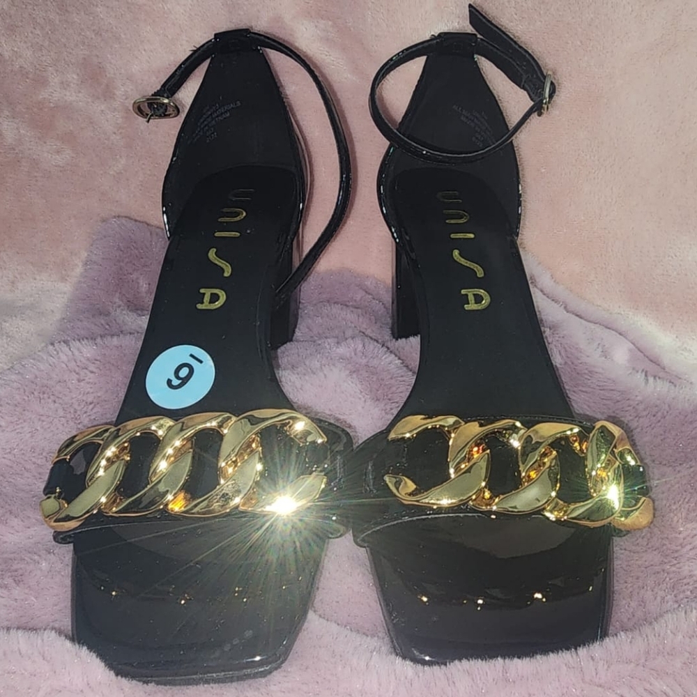 Unisa Black and Gold Heels with Chain-Link Design